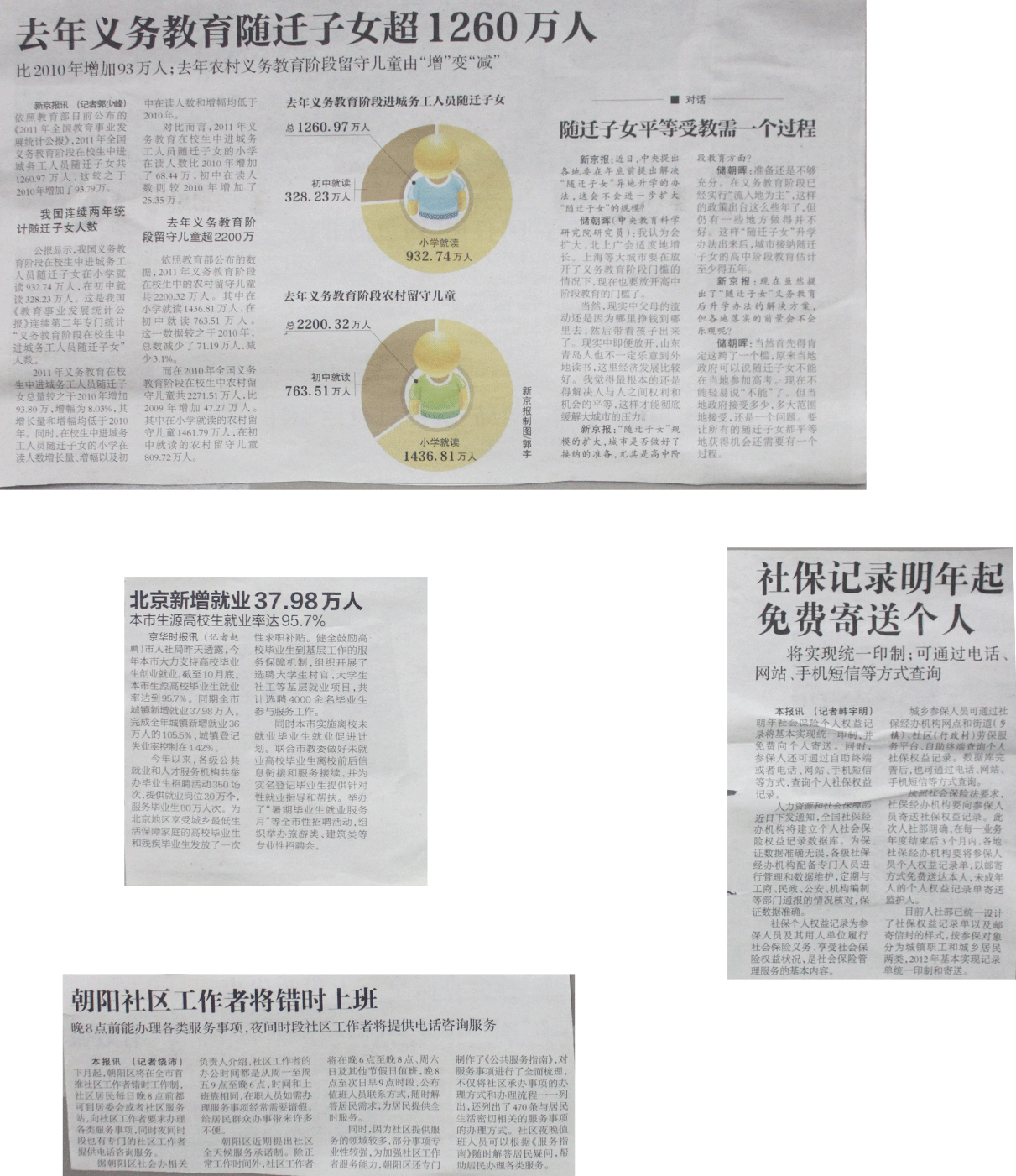 去年义务教育随迁子女超1260万人 北京新增就业 37.98 万人 社保记录明年起免费寄送个人 朝阳社区工作者将错时上班